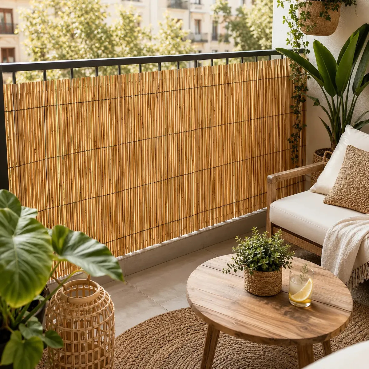 Esteira de bambu natural em varanda decorada